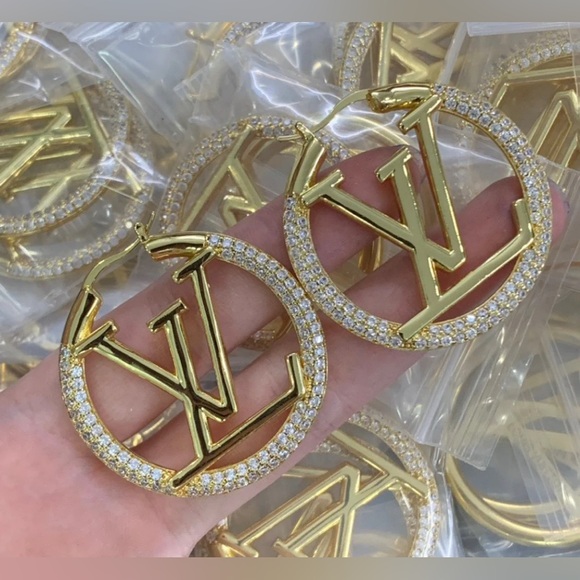 18kt Gold Plated 4cm LV Monogram Hoop Earrings - Picture 2 of 4